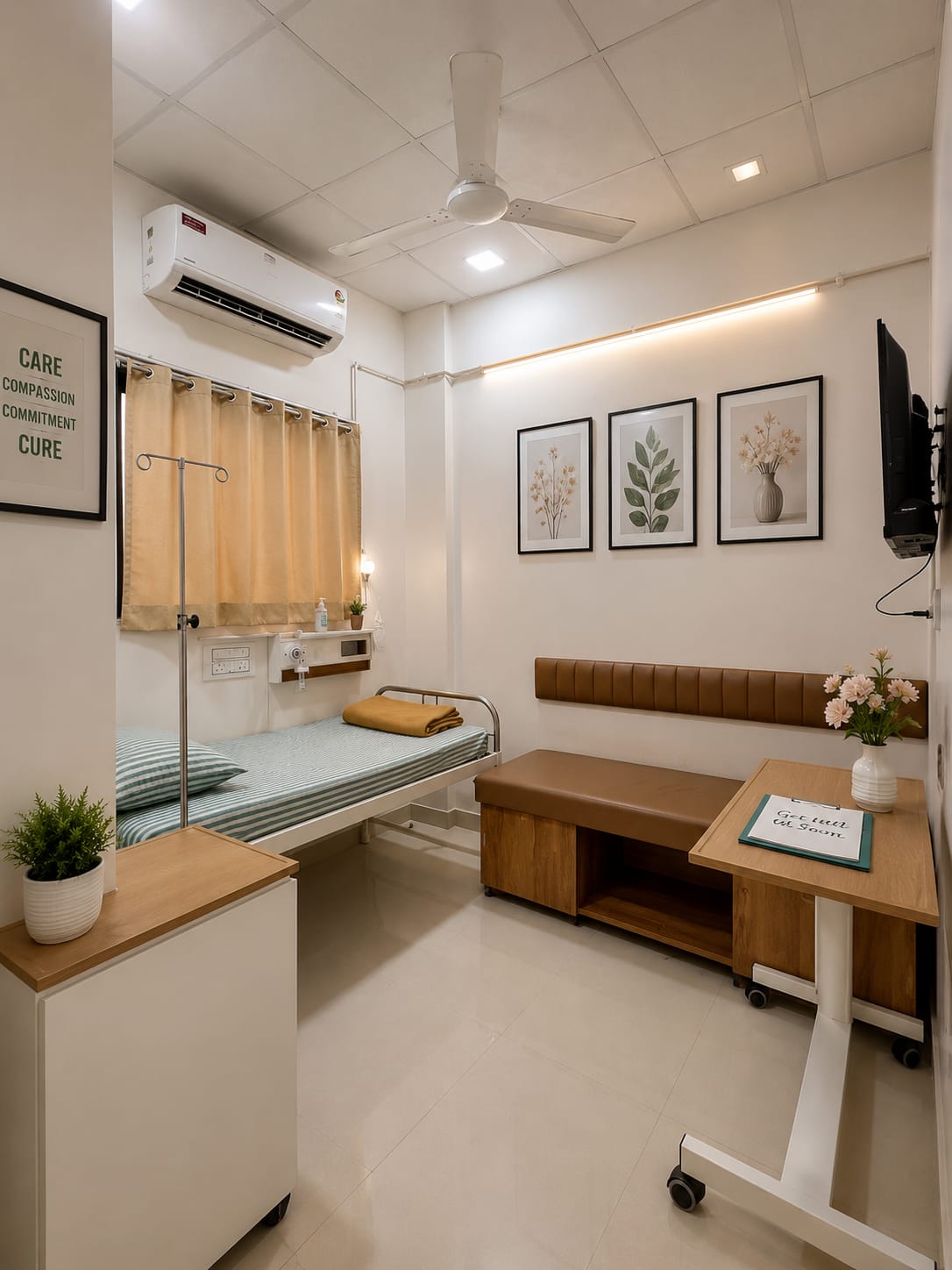 Private patient room with bed and curtains
