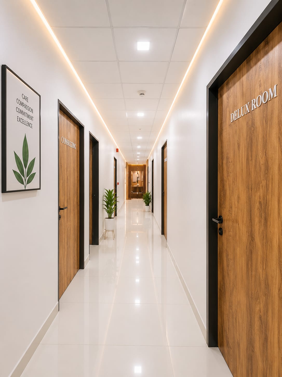 Hospital corridor with room doors