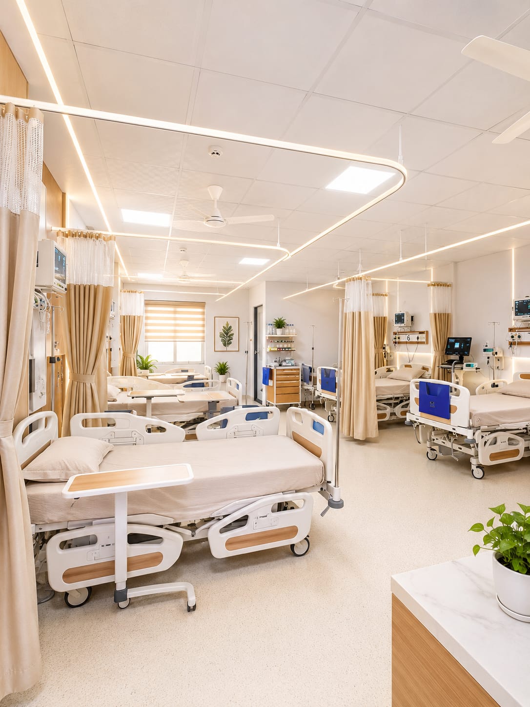 Ward with beds and monitoring setup